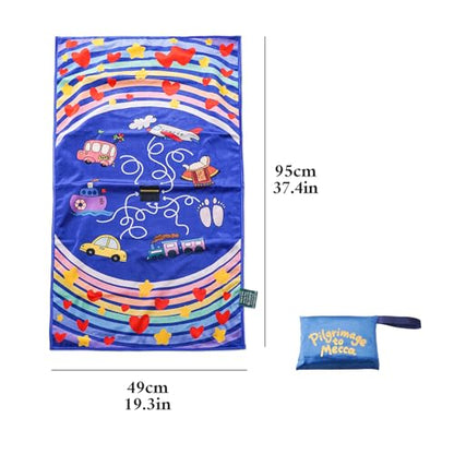 Children's Islamic Prayer Mat – Hajj Journey Theme, Soft German Velvet Material, Eco-Friendly & Safe, Educational Prophets Design, Perfect for Kids Learning Islam (Blue) - color: Blue