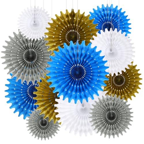 BestoFun 12PCS Blue Gold Silver Hanging Honeycomb Paper Fans Decoration Set for New Year Graduation Birthday Wedding Bachelorette Baby Shower Backdrops Anniversary Paper Party Supplies - color: Blue Gold
