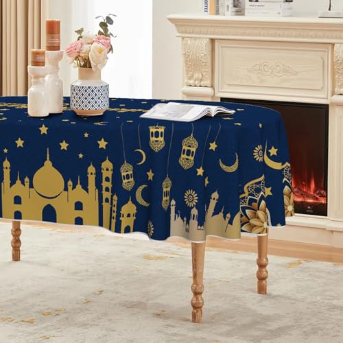 Horaldaily Ramadan Tablecloth 60×84 Inch Oval, Blue Gold Moon Star - size: 60" x 84" (Oval)