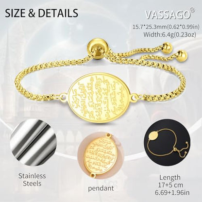 VASSAGO Islamic Ayatul Kursi Oval Bracelet for Women Allah Teardrop Link Bracelets Arabic Muslim Quran Calligraphy Charm Bracelet Islam Eid Ramadan Gift Jewelry Gifts - color: Box Chain-G