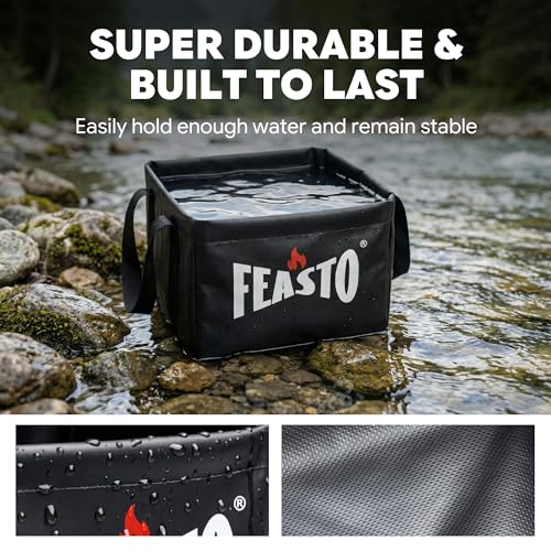 Feasto Collapsible Water Bucket for Grill Brush Cleaning & Soaking, Foldable Square Dunk Tank for Steam Grills, Multi-Use Indoor & Outdoor (Bucket Only, No Brush Included), Black