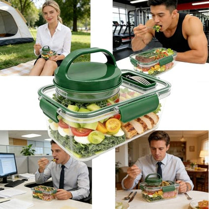Upgraded Salad Pod Mason Jar Side Open,Portable Salad Container,On The Go Salad Jar Compartment for Travel Office Lunch,Leakproof Airtight,BPA Free & Dishwasher Safe (Square - Green)
