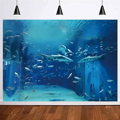 Yongqian 7x5ft Shark Fish Under The Sea World Photography Backdrop Baby Shark Sea Animal Backdrop Birthday Party Decoration Aquarium Ocean Background Photo Booth