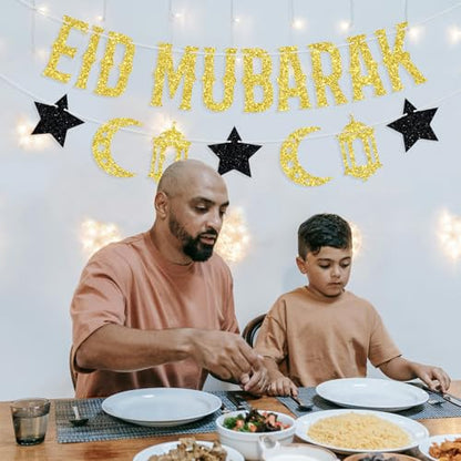 Eid Mubarak Banner, Umrah Mubarak Festival Party Decorations, Muslim Islam Eid al-Fitr Party Decorations Supplies Gold and Black Glitter