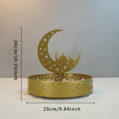 Ramadan Tray Eid Mubarak Metal Serving Tray Lunar Crescent Eid Mubarak Dishes Tray Plate Ramadan Eid Serving Tray Fruit Tray Tableware Dessert Platters Storage Container Display Holder