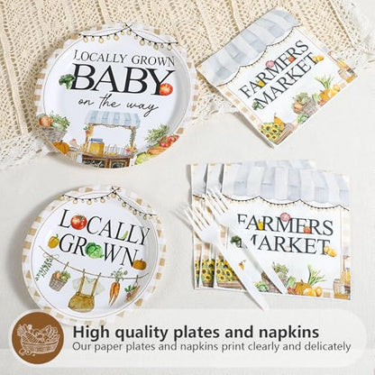 Grencian 96Pcs Locally Grown Baby Shower Decorations Farmers Market Party Plates and Napkins Vegetable Theme Disposable Tableware for Food Market Party Baby Shower Decorations Serves 24 - style: Food Market Baby Sets