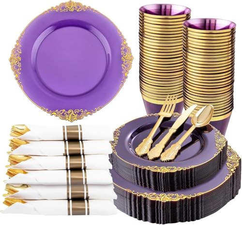 Nervure 175Pcs Purple Plastic Plates, Plastic Dinnerware Set for 25 Guests - color: Purple, size: 175Pcs(25Guests)