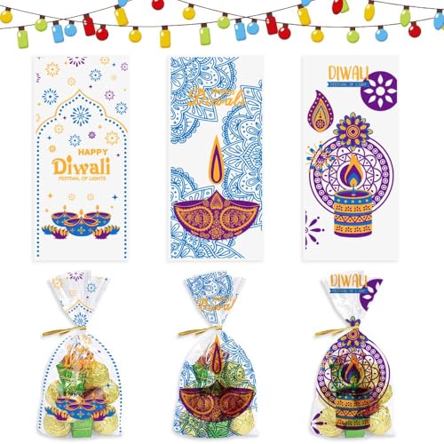 Hying 120 PCS Diwali Cellophane Bags with Twist Ties, Deepavali Candle Cello Treat Bags Festival of Lights Gift Bag Indian Hindu Treat Bags for Cookie Candy Goodies Wrapping Supplies - color: CB-YC-230817-DW blue purple