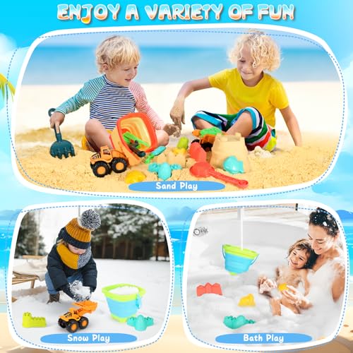 HUITEM Beach Sand Toys for Kids, 29PCS Sandbox Toys with 2 Collapsible Bucket Sand, 2 Dump Truck, Dinosaur Molds, Castle Building Kit, Shovel Sieve,Flags,Mesh Bag Travel Beach Toys for Toddler 3-10