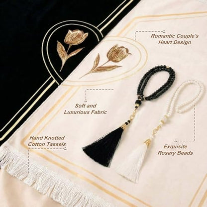 Drydiet 2 Pcs Muslim Couple Prayer Rug Set Heart Design with 2 Pcs Prayer Beads Islamic Muslim Gift Black and Beige Travel Mat Soft Velvet Mat for Couple Women Men Ramadan Eid Wedding Birthday - color: Black and Beige