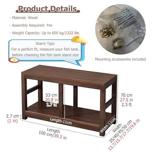 20 30 40 55 70 Gallon Long Aquarium Stand - Reptile Breeder Turtle Terrarium Stand Rack - 70cm Tall Aquarium Stand Furniture/Double Fish Tank Stand with Shelf（Brown-lxwxh-39.3x19.6x27.5）