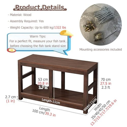 20 30 40 55 70 Gallon Long Aquarium Stand - Reptile Breeder Turtle Terrarium Stand Rack - 70cm Tall Aquarium Stand Furniture/Double Fish Tank Stand with Shelf（Brown-lxwxh-39.3x19.6x27.5）