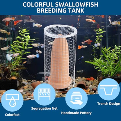 Saim Fish Breeding Cones Cave, Ceramic Spawning Breed Cone, 9.94 inch | Spawning Slates for Fish Tank, Spawning Barrels for Discus Fish Angelfish, with Isolation net