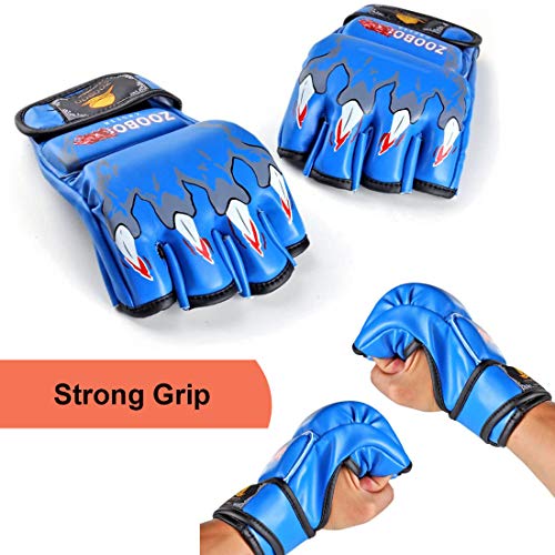 ZooBoo MMA Gloves, Half-Finger Boxing Fight Gloves MMA Mitts with Adjustable Wrist Band UFC Gloves for Sanda Sparring Punching Bag Training (One Size Fits Most) - color: HS-Blue