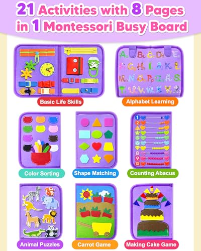 Exorany Busy Board Montessori Toys for Toddler Boy Girl Gifts Busy Book - style: Purple/P8