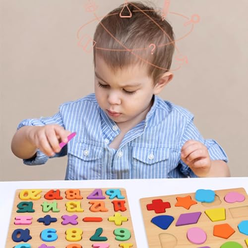 Attmu Wooden Puzzles for Toddlers, 3 Pcs Alphabet Puzzle ABC Shape Number Puzzle, Learning Toys for Kids, Preschool Educational Activities Toddler Gift Toys for Girls Boys Christmas Valentines Easter - size: 3 PCS