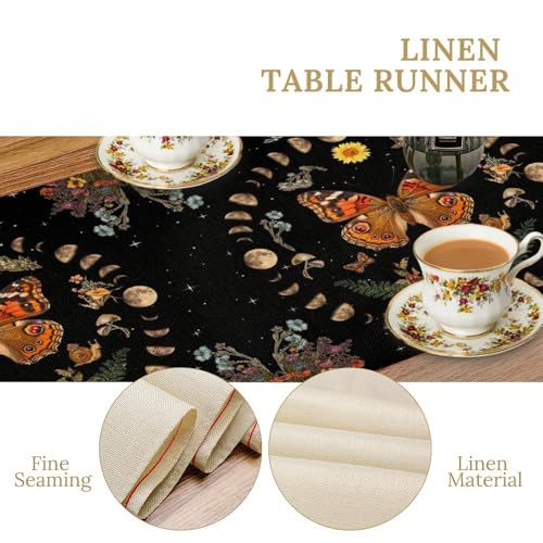 Boho Moth Table Runner, Witchy Mysterious Moon Phase Garden Flower Plant Gothic Aesthetic Table Runner for Home Kitchen Dining Patio Holiday Party 13x36in - color: Moth-3, size: W13''xL36''