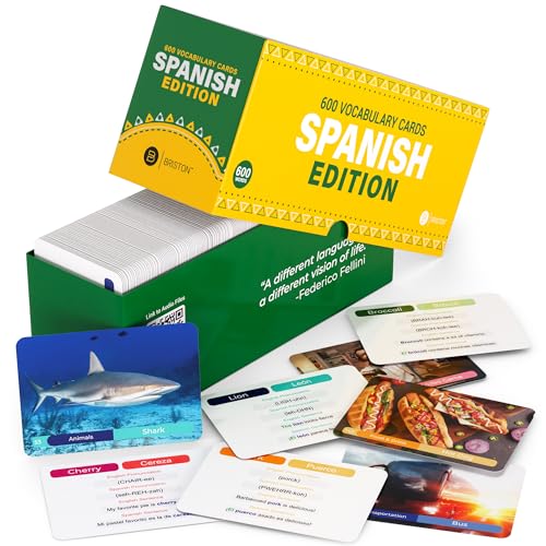 Briston Spanish Vocabulary Flash Cards – 600 English to Spanish Flashcards with Example Sentences & Pronunciations – Language Learning Cards for Kids & Adults, Classroom, Homeschool Study Set