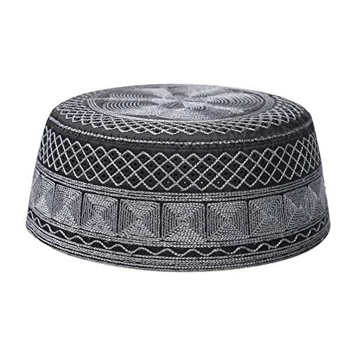 Muslim Prayer Kufi Hat for Men Boys Islamic Beanie Skull Cap Prayer Headwear Embroidery Kofia Topi Sun Hat Ramadan Eid Gift - color: Dark Grey, Chain Embroidery
