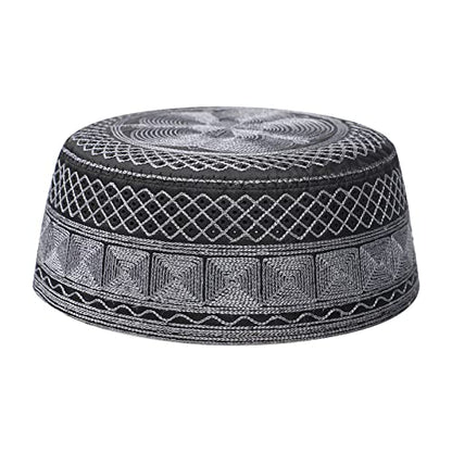 Muslim Prayer Kufi Hat for Men Boys Islamic Beanie Skull Cap Prayer Headwear Embroidery Kofia Topi Sun Hat Ramadan Eid Gift - color: Dark Grey, Chain Embroidery