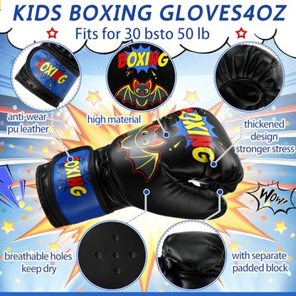 Boxing Gloves and Punching Mitts Set 4oz Gloves Boxing Pads Kids Youth Sparring Gear Training Equipment for Taekwondo Kick Karate Muay Thai MMA Martial Art - style: Black Bat