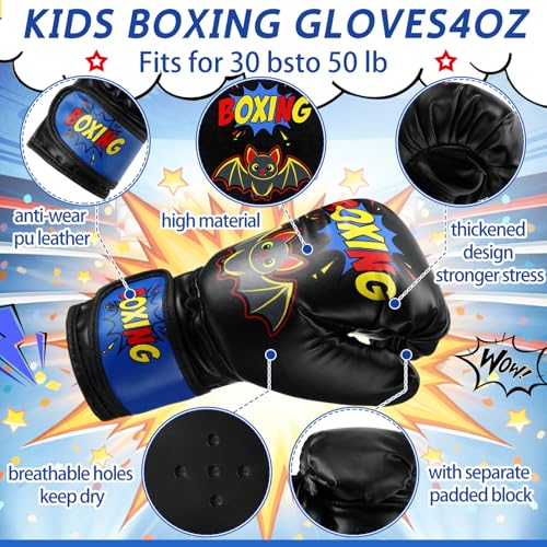 Boxing Gloves and Punching Mitts Set 4oz Gloves Boxing Pads Kids Youth Sparring Gear Training Equipment for Taekwondo Kick Karate Muay Thai MMA Martial Art - style: Black Bat