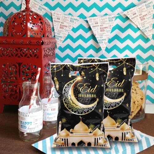 Eid Mubarak Gift Bags with Die Cut Handles, 50pcs - Gold Muslim Mosque Moon Stars Lantern Print Ramadan Theme Black Goodie Candy Snack Plastic Bags Pouch for Muslim Islamic Diwali Party Favor Kids Gifts