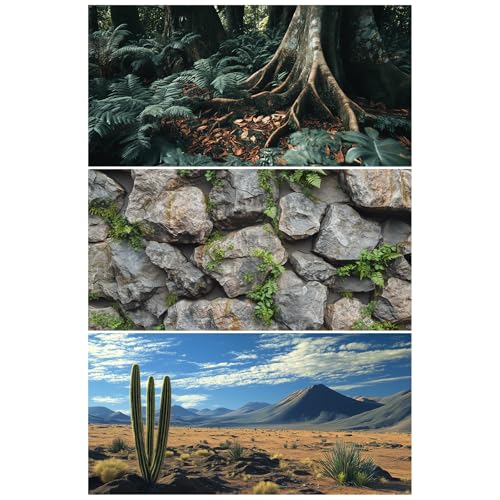 3 PCS Terrarium Background, 36x18 inch Polyester Reptile Backgrounds | Cloth Terrarium Background, Tropical Green Tree Fern & Gobi Desert Sunshine Cactus Rock Terrarium Background - size: 36x18 Inch
