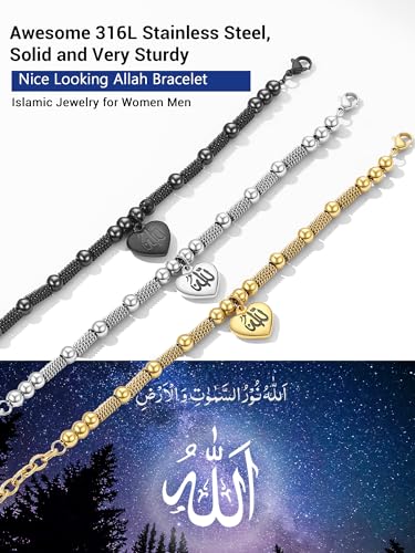 PROSTEEL Allah Bracelet, Muslim Islamic Jewelry Religious Islam Arabic God Charm Stainless Steel Beads Chain Bracelet, fits wrist from 5.9'' to 7.9'', Come with Box - color: 01 silver-allah heart