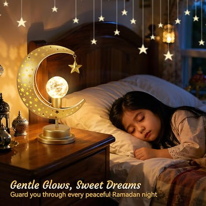 Lewondr Ramadan Moon Lamp, Crescent Moon with Star Table Lamp, Battery Powered Ramadan Desk Lamp Decorations Crescent Table Light Bedside Night Stand Desktop Living Room Home Decor, Eid Mubarak Decor - style: Crescent Moon with Star