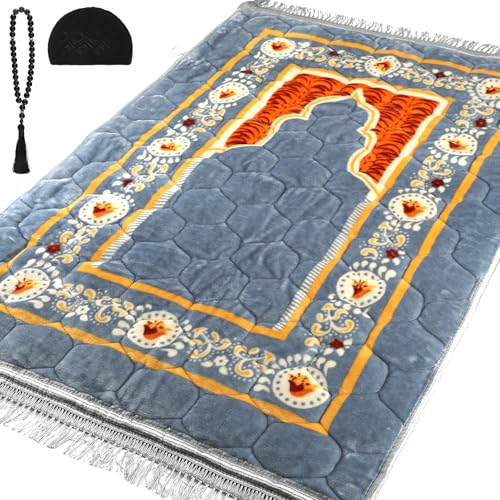 Muslim Prayer Rug with Tasbih Prayer Beads & Kufi Hat, Padded Very Thick Prayer Rug Sajadah for Men and Women (Gray1) - color: Gray1