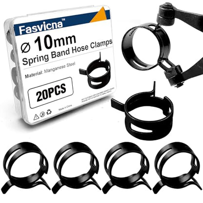 10mm (0.39") Spring Band Hose Clamps, 20 Pack Small Hose Clamps for 9-10.5mm OD Fuel Line, Water Tube, Air Tube & Silicone Hose - size: 10mm