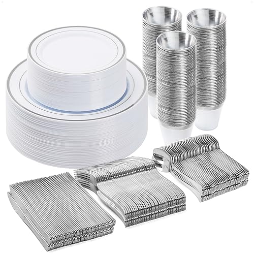 BESTVIP 300PCS Plastic Dinnerware Set, Silver Disposable Plates - color: Silver, size: 50 Guests