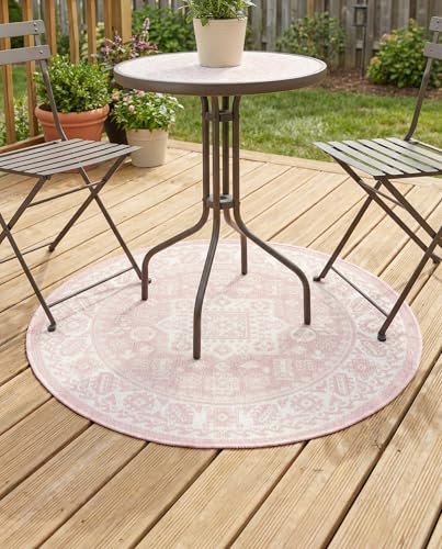 Rugs.com - Outdoor Aztec Rug – 3 Ft Round Pink Indoor/Outdoor Rug – Weather-Resistant Flatweave for Patios, Decks, and Porches - color: Pink, size: 3' (Round)
