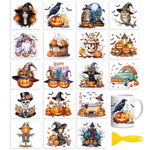 Peacoblue Halloween Elements Rub On Transfers for Craft, Transfer Sticker | 18 Sheets UV DTF Transfers, Waterproof Rub On Decals for Wood, Glass, Furniture, Tumblers & Home Decor Crafts - style: Halloween Elements