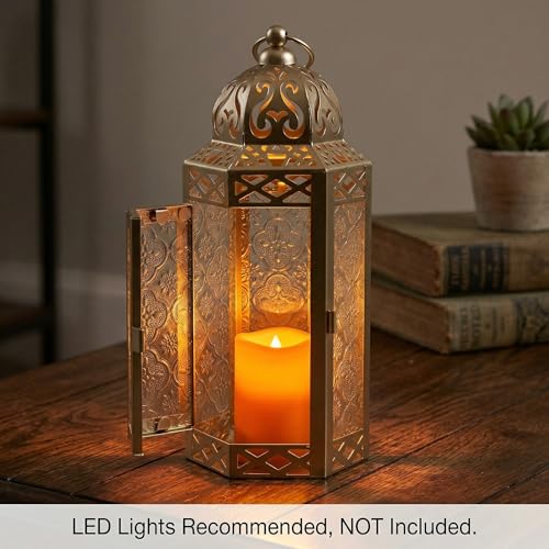 Vela Lanterns Decorative Indoor Moroccan Candle Holder, White Gold, M, 2PK | Ramadan Decorations for Home, Turkish Votive Pillar Lamp, Boho Champagne Tealight Centerpiece, Eid Diwali, 10.5in Tall