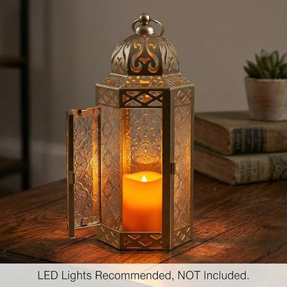 Vela Lanterns Decorative Indoor Moroccan Candle Holder, White Gold, M, 2PK | Ramadan Decorations for Home, Turkish Votive Pillar Lamp, Boho Champagne Tealight Centerpiece, Eid Diwali, 10.5in Tall