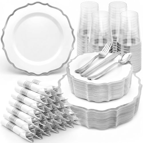 Glowserve 350PCS Plastic Plates Sliver Disposable Dinnerware for 50 Guests - color: Sliver, size: 50guests(350PCS)