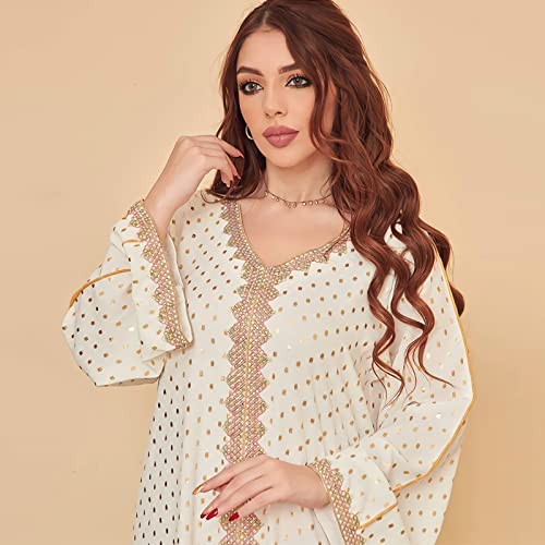 FPOVFPO Women's Muslim Abaya One-Piece V Neck Bronzing Dress Islamic Full Length Kaftan Daily Casual - color: White, size: Medium