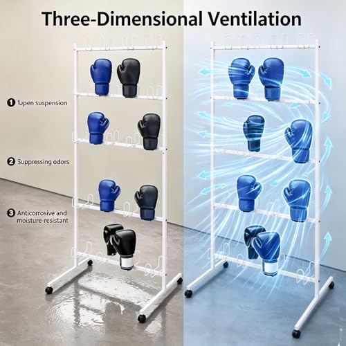 20 Pairs Boxing Gloves Drying Rack, 28.74x23.62x72.05in Freestanding Boxing Glove Storage Stand with 4 Wheels, Metal Boxing Gloves Storage Display Rack with Hooks, Pre-drilled Holes - color: White
