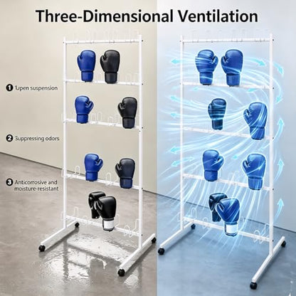 20 Pairs Boxing Gloves Drying Rack, 28.74x23.62x72.05in Freestanding Boxing Glove Storage Stand with 4 Wheels, Metal Boxing Gloves Storage Display Rack with Hooks, Pre-drilled Holes - color: White