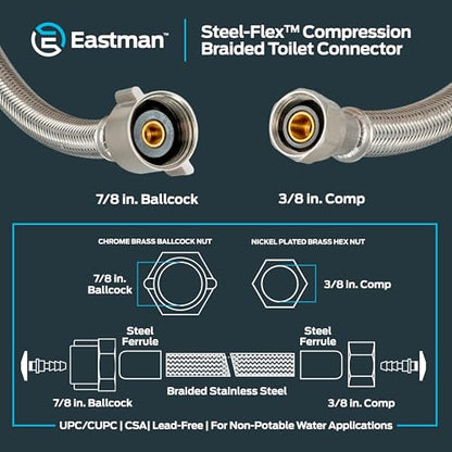 Eastman 16 Inch Steel-Flex Toilet Connector, Braided Stainless Steel Supply Line with 7/8 in Ballcock x 3/8 in Compression Ends, 48089 - size: 16 in. L x 7/8 in. B/C x 3/8 in. Comp