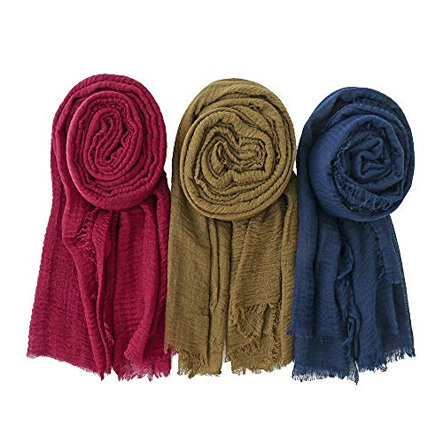 EVQ Soft Cotton Hemp Scarf Wrap Long Hijab Scarves for Women - color: Navy Blue+maroon+army