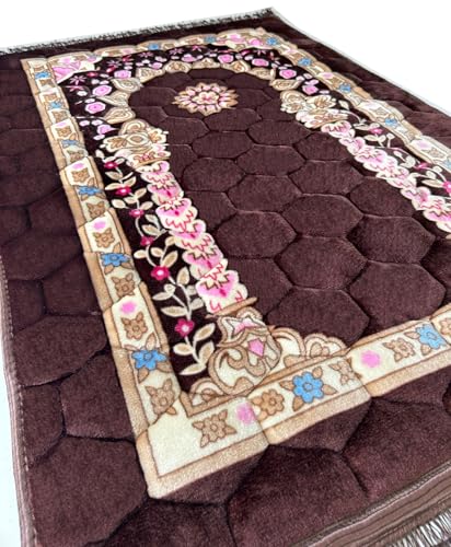 Prayer Mat Muslim Rug Islamic - Padded Thick Prayer Rug Sajadah for Men Women with Islam Prayer Beads for Eid Travel Ramadan, Soft and Luxury (Brown) - color: Brown