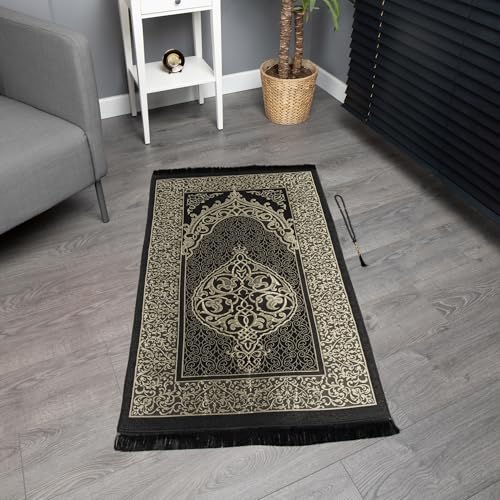 Modefa Islamic Prayer Mat Muslim Gifts - Thin Travel Muslim Prayer Rug in Taffeta Gift Bag with Tasbih Beads Prayer Matt Islam - Chenille Turkish Praying Carpet - Ramadan Gifts (Black) - color: Black