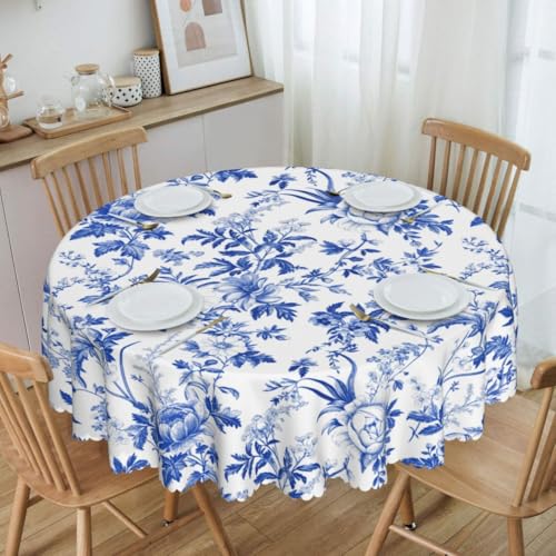 Blue Floral Tablecloth Round, Spring Summer Wildflower Sketch Elegant Boho Farmhouse Water Resisitant Wipeable Table Cover for Dining Kitchen Living Room Home Party Holiday Decor 36 inch Round - color: Tc-blue Floral04, size: 36" (Round)