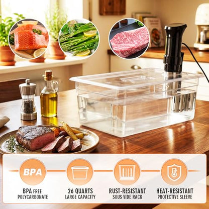 Large Sous Vide Container with Lid, 26 Qt, BPA-Free Clear Tub | BPA-free 26 Qt container with fitted lid reduces evaporation for batch cooking; fits Anova and most sous vide cookers. - color: Large Sous Vide Container-without accessories
