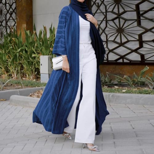 Front Open Abayas for Women Muslim with Hijab Scarf Islamic Prayer Clothes Long Sleeve Muslim Cardigan Dress Dubai Cardi Robe - color: Dark Blue, size: Medium