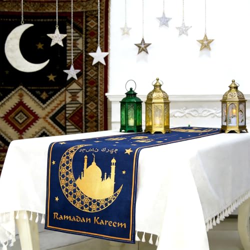 Eid Mubarak Table Runner, Ramadan Decorations, Ramadan Kareem Table Runner, Blue and Golden Moon Star Ramadan Holiday Table Decorations for Eid Mubarak Home Kitchen Dining Party Supplies, 13" X 90" - size: 13" x 90"