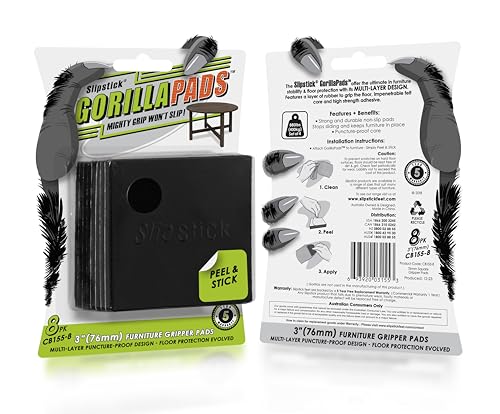 Slipstick GorillaPads Non Slip Furniture Pads/Gripper Feet Floor Protectors (Set of 8) Premium 3 Inch Square Self Adhesive Rubber Stoppers for Furniture Legs, Black, CB155-8 - size: 3" Square x 8